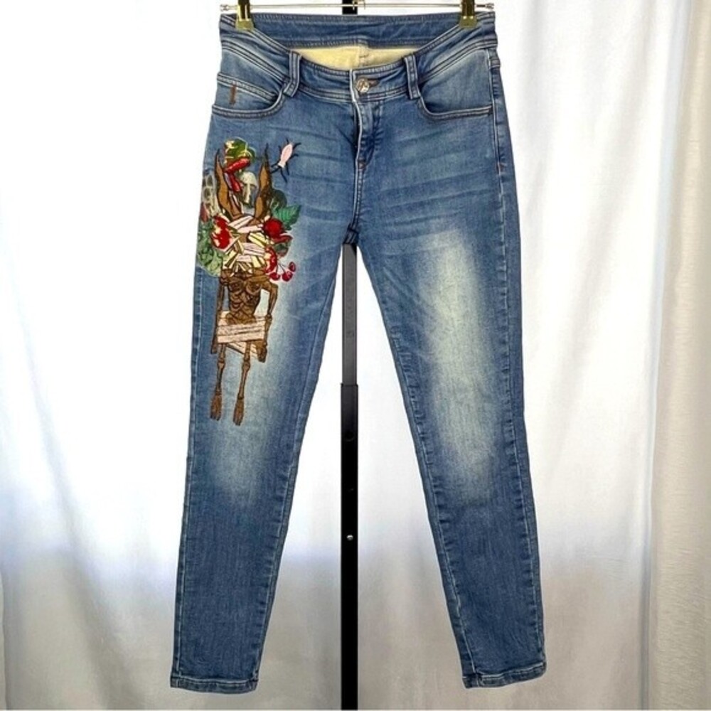 Donoratico Embroidered Jeans Womens M Blue Skinny Stretch Floral Graphic Artsy